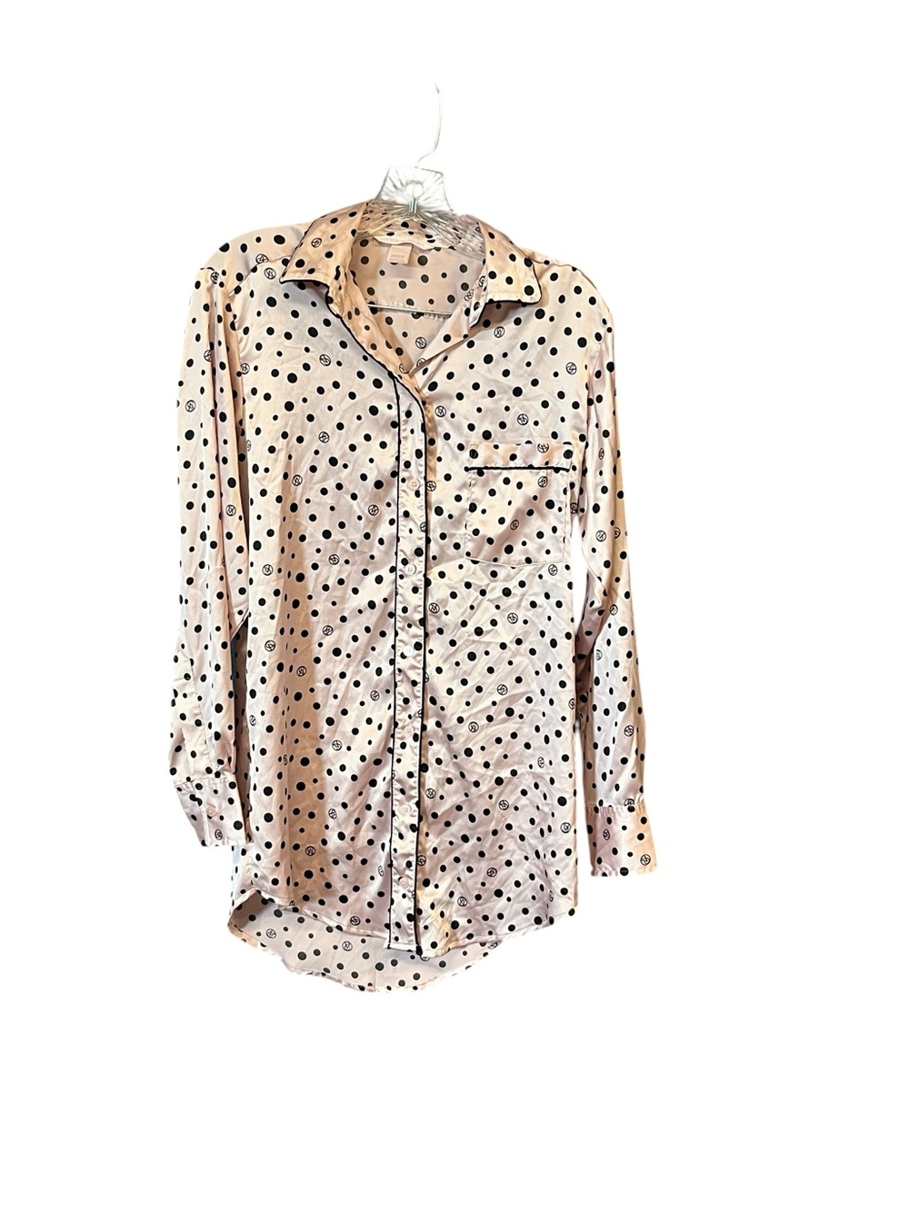 Victoria’s Secret Satin Sleep Shirt XS Pink Black Polka Dot Button Front Long